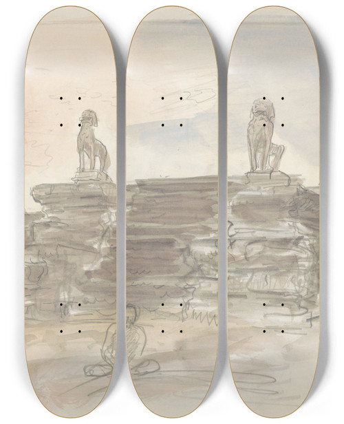 Triptych art skateboard deck of Marius Bauer Trap Geflankeerd Door Beelden Van Leeuwen Bij De Angkor Wat Tempel In Cambodja by Marius Bauer (1867-1932)