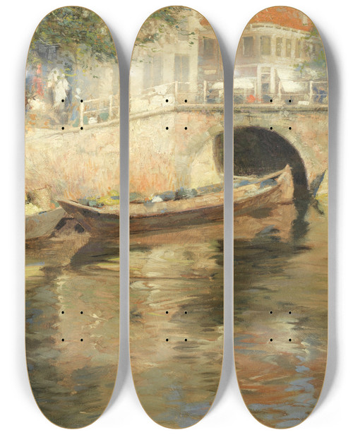 Triptych art skateboard deck of Frederick Hall Bridge At Alkmaar by Frederick Hall (1860-1948)