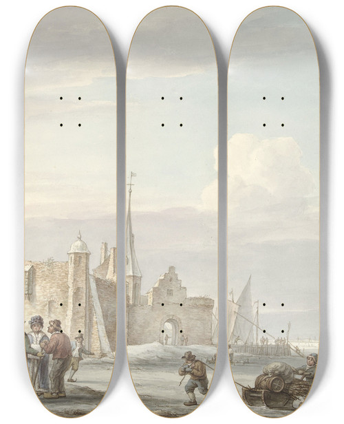 Triptych art skateboard deck of Martinus Schouman Stadsgezicht In De Winter by Martinus Schouman (1770-1848)