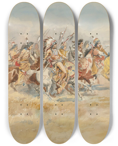 Triptych art skateboard deck of Charles Marion Russell Blackfeet War Party by Charles Marion Russell (1864-1926)