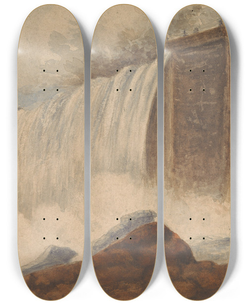 Triptych art skateboard deck of Isaac Weld View Of Niagara Falls With Two Figures On Rock In Right Foreground by Isaac Weld (1774-1856)