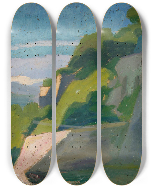Triptych art skateboard deck of Jan Rembowski Landscape With A Shrine by Jan Rembowski (1879-1923)