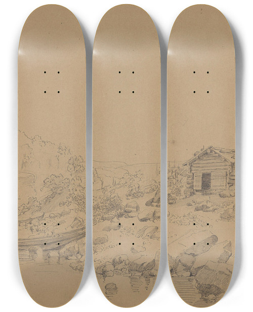 Triptych art skateboard deck of Adolph Tidemand Strandparti Magooset by Adolph Tidemand (1814-1876)