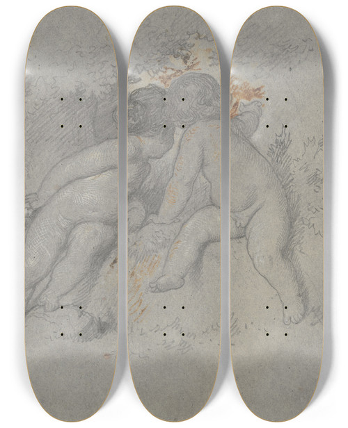 Triptych art skateboard deck of Eugen Klimsch Zwei Amoretten Unter Einem Baum Sitzend by Eugen Klimsch (1839-1896)