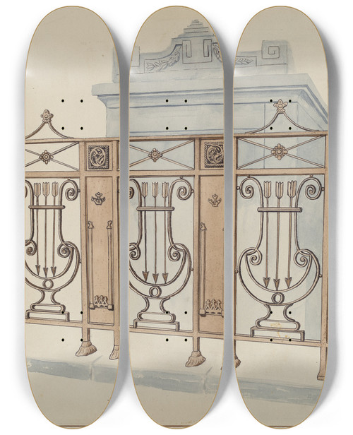Triptych art skateboard deck of Lucien Verbeke Iron Gate And Fence_1 by Lucien Verbeke