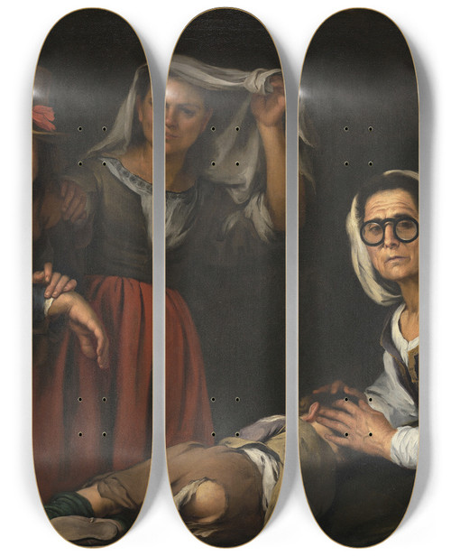Triptych art skateboard deck of Bartolom Estebn Murillo Four Figures On A Step by Bartolome Esteban Murillo (1617-1682)