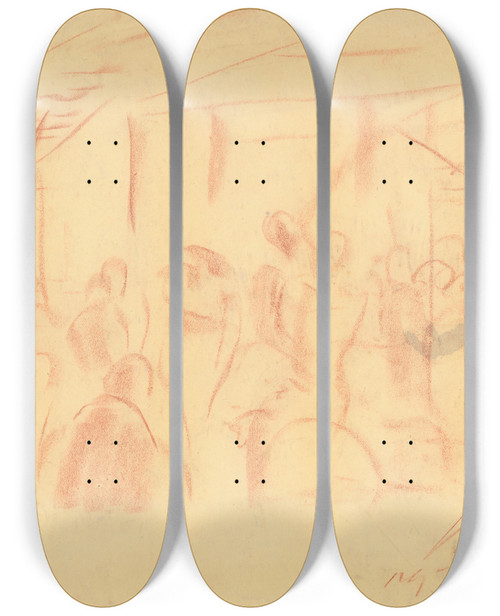 Triptych art skateboard deck of Zolo Palugyay Mysterious Caf In Paris by Zolo Palugyay (1898-1935)