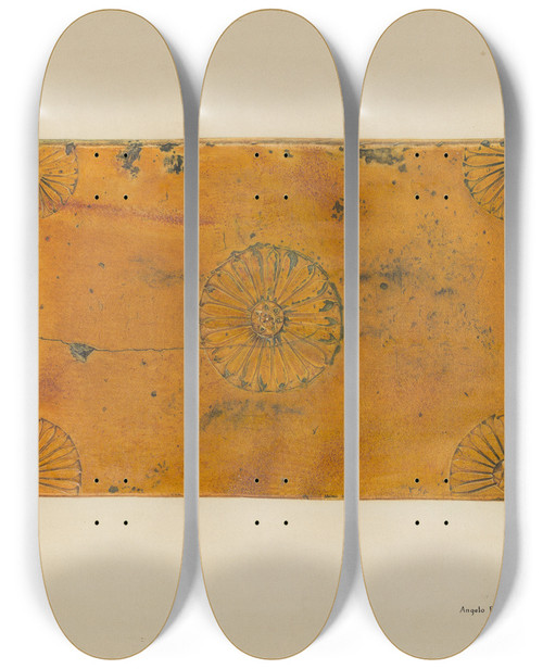 Triptych art skateboard deck of Angelo Bulone Zoar Fireplace Tile by Angelo Bulone