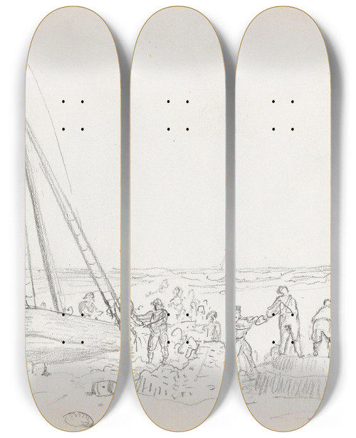 Triptych art skateboard deck of Adolph Tidemand Strandet Skip Borkum by Adolph Tidemand (1814-1876)