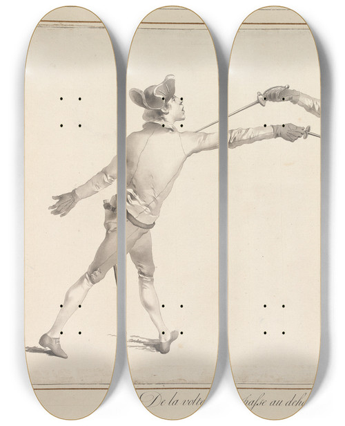 Triptych art skateboard deck of James Gwin De La Volte Sur La Passe Au Dehors Des Armes by James Gwin (1720-1769)