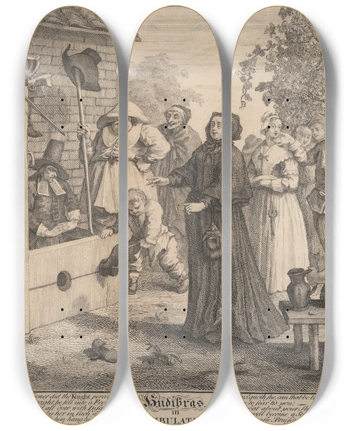 Triptych art skateboard deck of William Hogarth Hudibras In Tribulation No6 by William Hogarth (1697-1764)