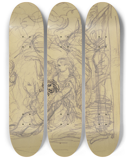 Triptych art skateboard deck of Victor Mller Sterbender Gesttzt Von Einer Frau Links Ein Trauernder Krieger by Victor Muller (1829-1871)