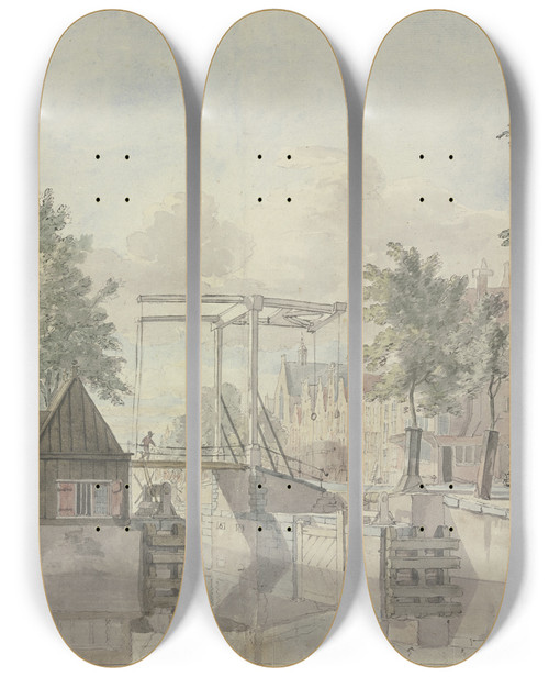 Triptych art skateboard deck of Johannes Huibert Prins Kanal Mit Schleusentor Links Kehrt Eine Magd Die Strae by Johannes Huibert Prins (1757-1806)