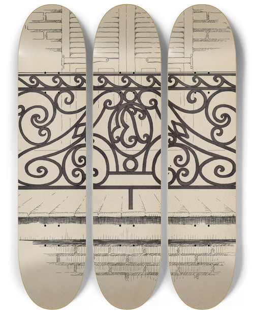 Triptych art skateboard deck of Thomas Byrne Wrought Iron Railing_1 by Thomas Byrne