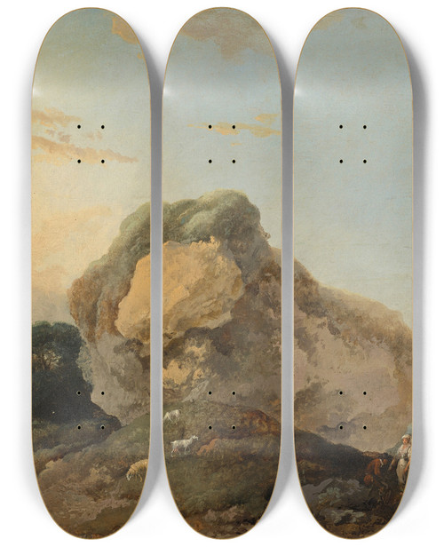 Triptych art skateboard deck of Louis Gabriel Moreau A Hilly Landscape With A Large Rock And A Shepherd And Shepherdess With Their Flock by Louis Gabriel Moreau (1740-1806)