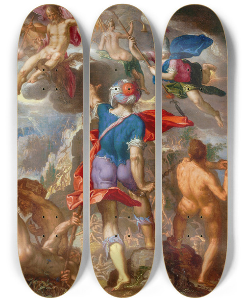 Triptych art skateboard deck of Joachim Wtewael The Battle Between The Gods And The Giants by Joachim Wtewael (1566-1638)