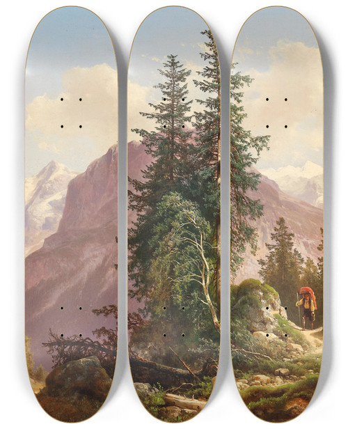 Triptych art skateboard deck of Carl Hasch Der Eiger Der Mnch Und Der Silberhorn In Der Schweiz by Carl Hasch (1834-1897)