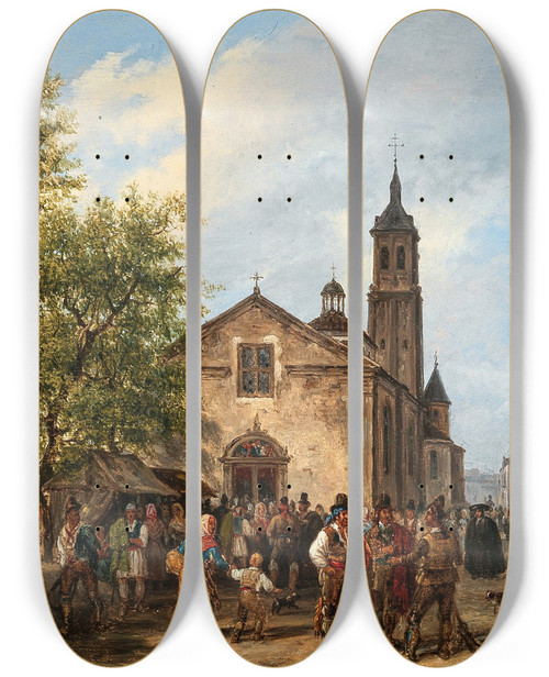 Triptych art skateboard deck of Giuseppe Canella A Lively Scene On A Market Square by Giuseppe Canella (1788-1847)