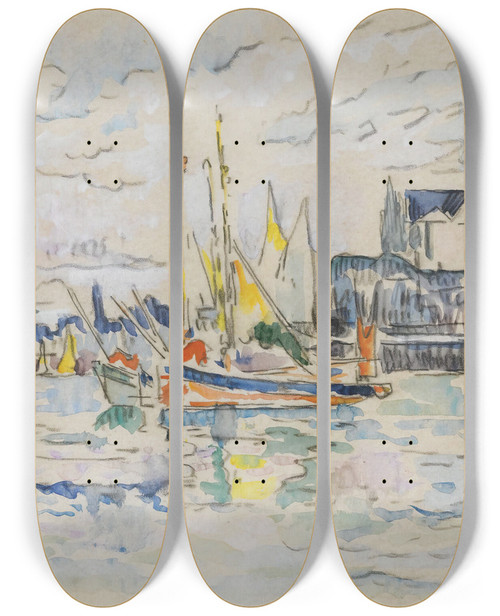 Triptych art skateboard deck of Paul Signac Sables Dolonne Vue De Port by Paul Signac (1863-1935)