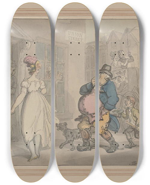 Triptych art skateboard deck of Thomas Rowlandson How To Get Rid Of A Troublesome Customer by Thomas Rowlandson (1756-1827)