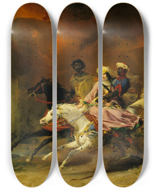 Triptych art skateboard deck of Lon Cogniet Rebecca And Brian De Boisguilbert by Leon Cogniet (1794-1880)