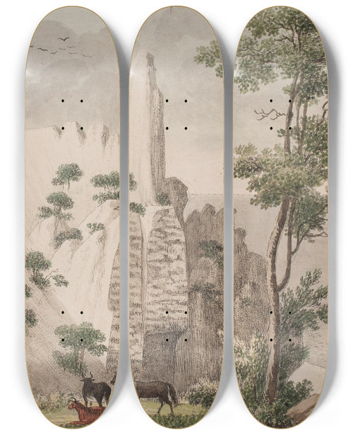 Triptych art skateboard deck of Sren L Lange Udsigt Af Sommerspiret I Kridtbjergene P Mn by Soren L Lange (1760-1828)