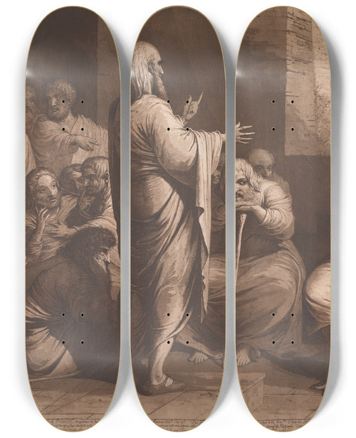Triptych art skateboard deck of James Barry The Conversation Of Polemon by James Barry (1741-1806)
