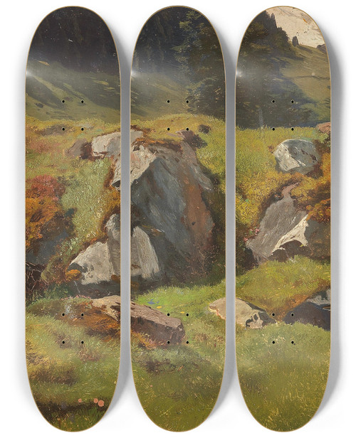 Triptych art skateboard deck of Anton Schrdl Study Of Rocks At Ferleiten by Anton Schrodl (1820-1906)