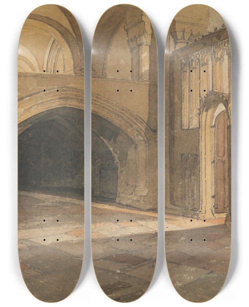 Triptych art skateboard deck of John Sell Cotman Norwich Cathedral Entrance To Jesus Chapel by John Sell Cotman (1782-1842)