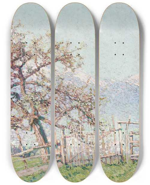 Triptych art skateboard deck of Johann Charles Palmi Blick Auf Dornbirn by Charles Johann Palmie (1863-1911)