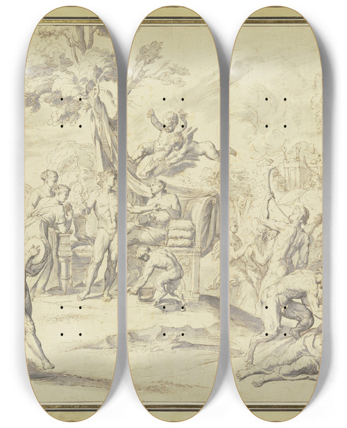 Triptych art skateboard deck of Raymond Lafage Bacchus And Ariadne by Raymond Lafage (1656-1682)