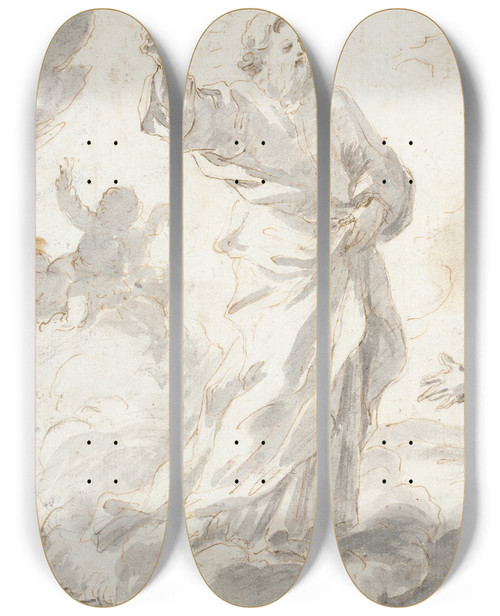Triptych art skateboard deck of Giuseppe Ghezzi God Expelling Adam And Eve by Giuseppe Ghezzi (1634-1721)