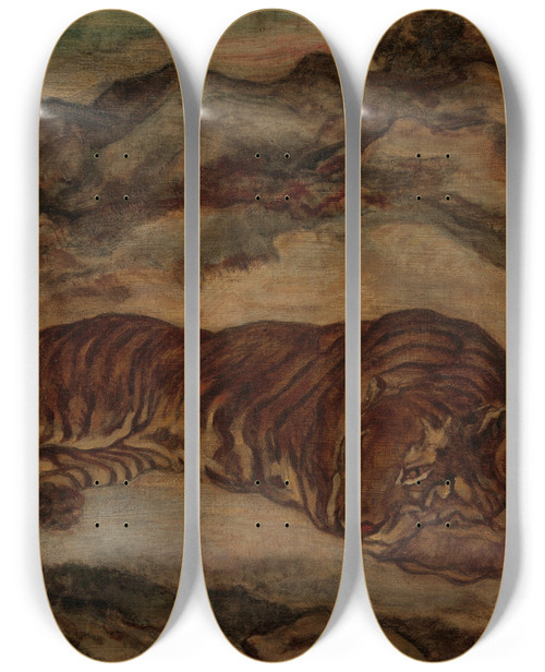 Triptych art skateboard deck of Antoinelouis Barye Tiger In Repose by Antoine-Louis Barye (1796-1875)