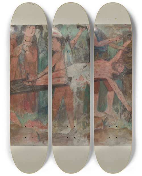 Triptych art skateboard deck of Geoffrey Holt Station Of The Cross No 11 Jesus Is Nailed To The Cross by Geoffrey Holt (20-)