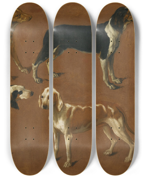 Triptych art skateboard deck of Jacqueslaurent Agasse Study Of Four Pointers by Jacques Laurent Agasse (1767-1849)