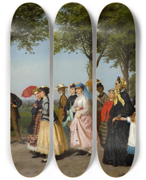 Triptych art skateboard deck of Fritz Paulsen A Promenade by Fritz Paulsen (1838-1898)