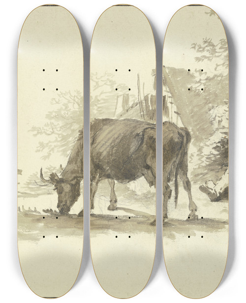 Triptych art skateboard deck of Johann Georg Wagner Ruhender Hirt Mit Einer Kuh Vor Einem Haus by Johann Georg Wagner (1732-1767)