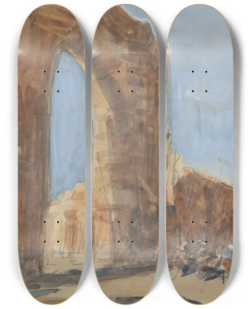 Triptych art skateboard deck of Hercules Brabazon Brabazon The Quwwatulislam Or Might Of Islam Mosque And The Iron Pillar Of Delhi Qtub Minar Complex by Hercules Brabazon Brabazon (1821-1906)