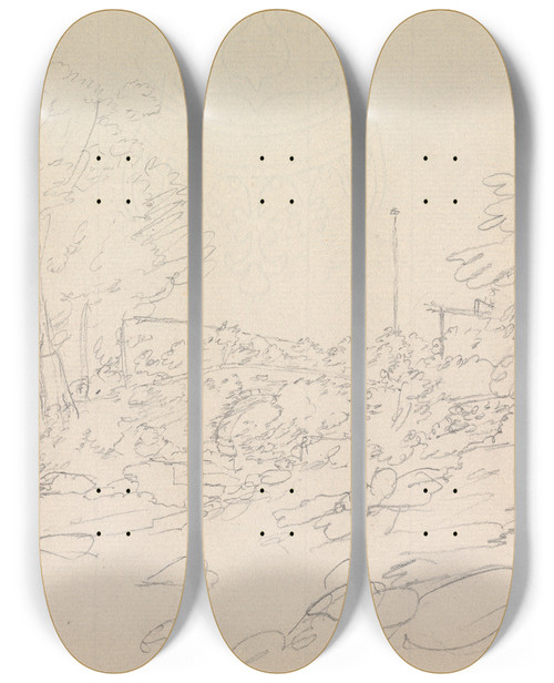 Triptych art skateboard deck of James Moore Landscape With A Large Tree Shading A Cottage by James Moore (1762-1799)