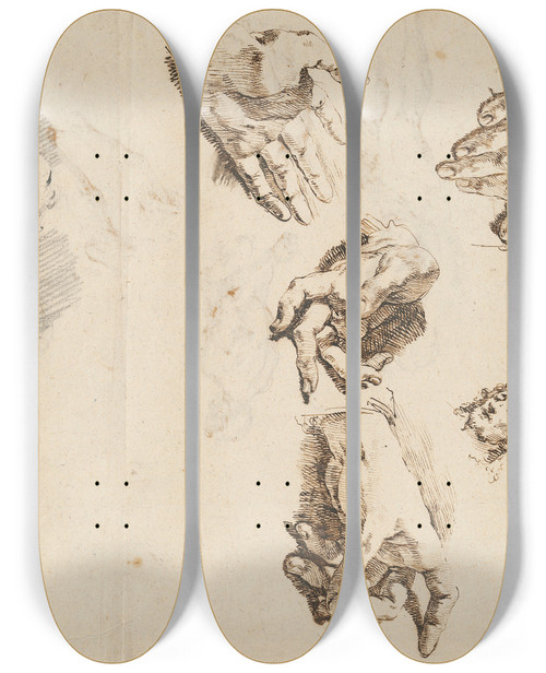 Triptych art skateboard deck of Francesco Fontebasso Apollo And Studies Of The Artists Own Hand Recto by Francesco Fontebasso (1707-1769)