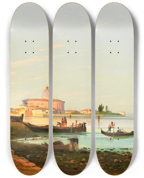 Triptych art skateboard deck of Ippolito Caffi Venice A View Of San Pietro Di Castello by Ippolito Caffi (1809-1866)
