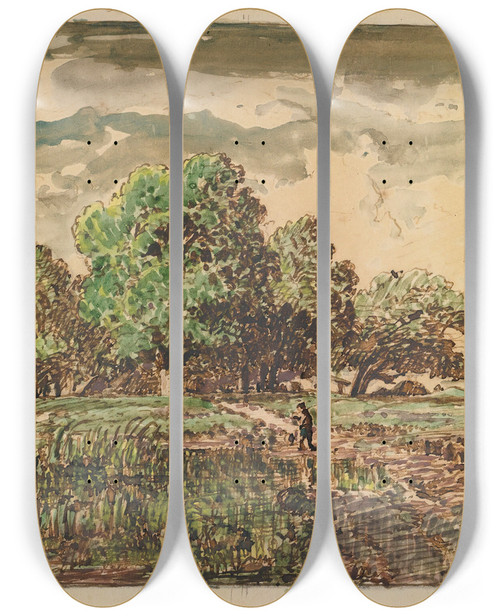 Triptych art skateboard deck of Thodore Rousseau Return From The Fields by Theodore Rousseau (1812-1867)