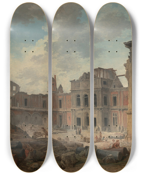 Triptych art skateboard deck of Hubert Robert Demolition Of The Chteau Of Meudon by Hubert Robert (1733-1808)
