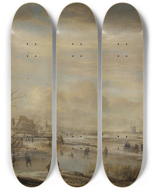 Triptych art skateboard deck of Aert Van Der Neer Frozen River With A Footbridge by Aert van der Neer (1603-1677)