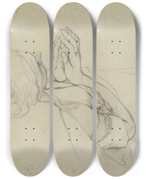 Triptych art skateboard deck of Victor Mller Rcklings Lagernde Frau Die Hnde Wie Zum Gebet Vor Der Brust Zusammengefhrt by Victor Muller (1829-1871)