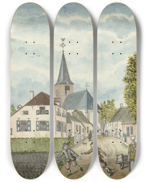 Triptych art skateboard deck of Jan Brandes Het Dorp Wehl In Cleefsland by Jan Brandes (1743-1808)