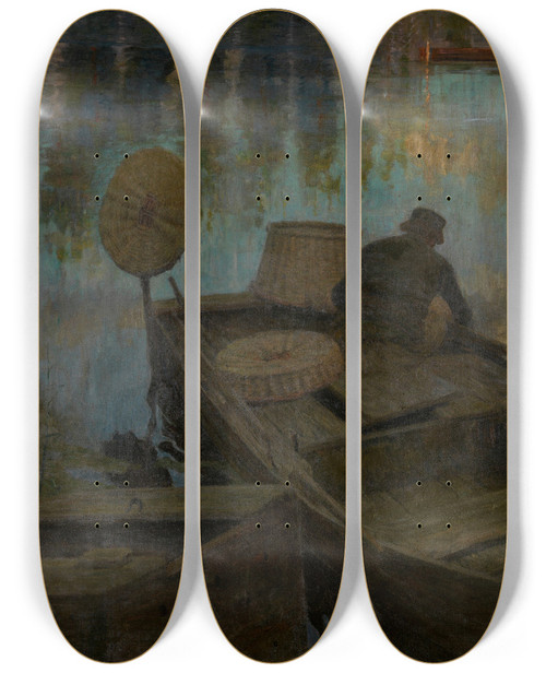 Triptych art skateboard deck of Charles Mertens Fisherman In The Moonlight by Charles Mertens (1865-1919)