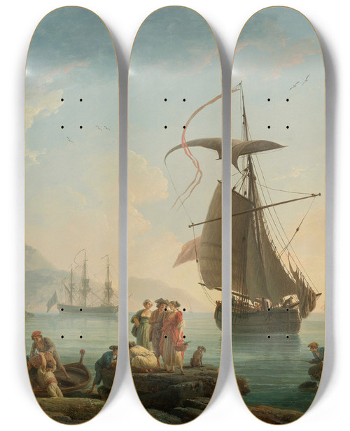 Triptych art skateboard deck of Claudejoseph Vernet A Mediterranean Harbor At Sunset With Fisherfolk At The Waters Edge A Lighthouse And A Man Of War At Anchor In The Bay by Claude Joseph Vernet (1714-1789)