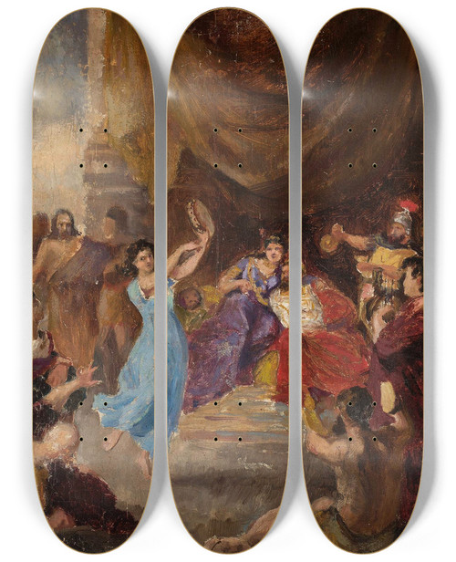 Triptych art skateboard deck of Marcin Gottlieb Salomes Dance Before Herod Sketch by Marcin Gottlieb