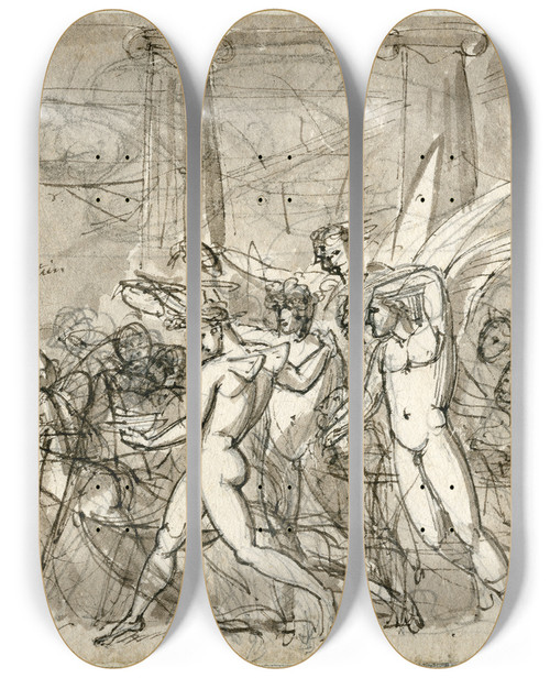 Triptych art skateboard deck of David Humbert De Superville Drukke Scene Met Naakte En Gevleugelde Figuren by David Humbert De Superville (1770-1849)